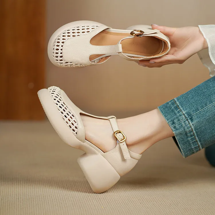 Summer sandals, thick-soled, chunky-heeled, high-heeled, buckled, openwork sheepskin women's shoes, 3-2f
