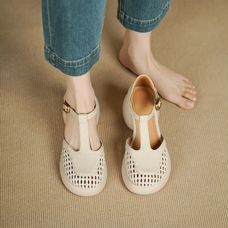 Summer sandals, thick-soled, chunky-heeled, high-heeled, buckled, openwork sheepskin women's shoes, 3-2f