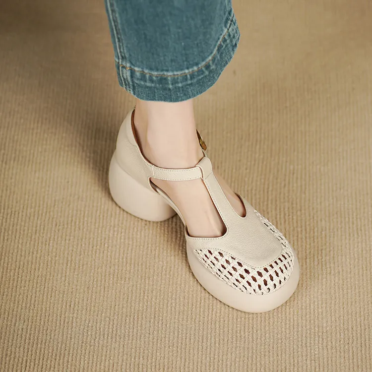 Summer sandals, thick-soled, chunky-heeled, high-heeled, buckled, openwork sheepskin women's shoes, 3-2f