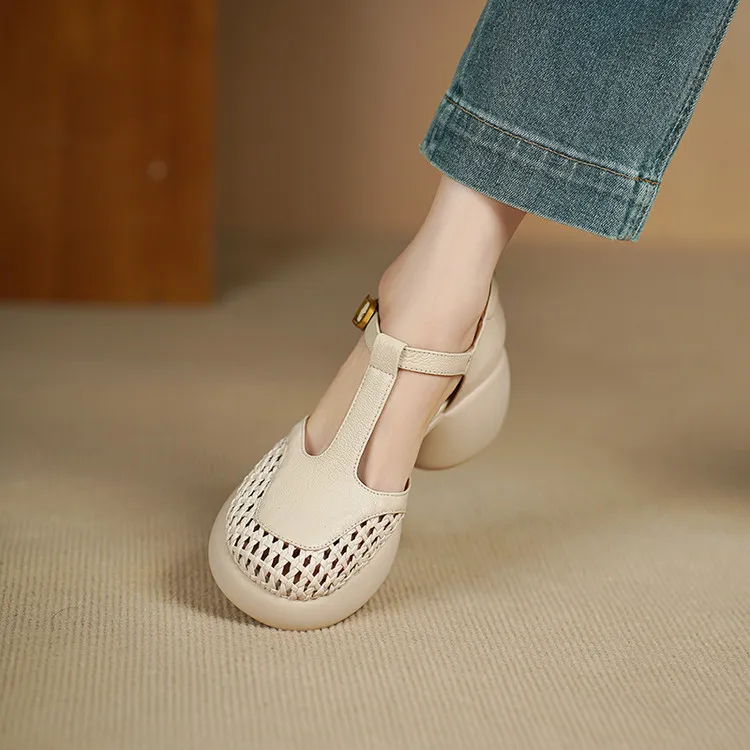 Summer sandals, thick-soled, chunky-heeled, high-heeled, buckled, openwork sheepskin women's shoes, 3-2f