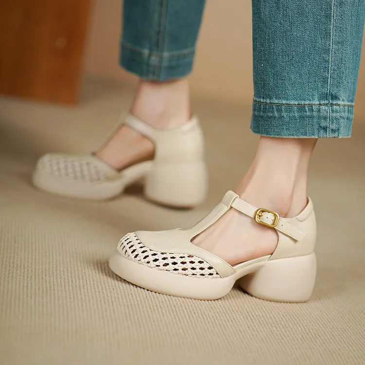 Summer sandals, thick-soled, chunky-heeled, high-heeled, buckled, openwork sheepskin women's shoes, 3-2f