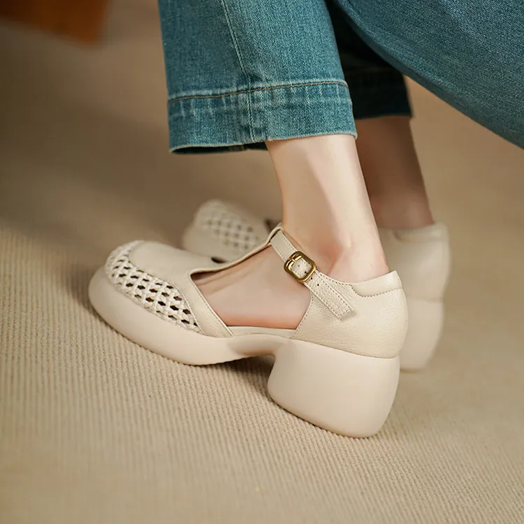 Summer sandals, thick-soled, chunky-heeled, high-heeled, buckled, openwork sheepskin women's shoes, 3-2f