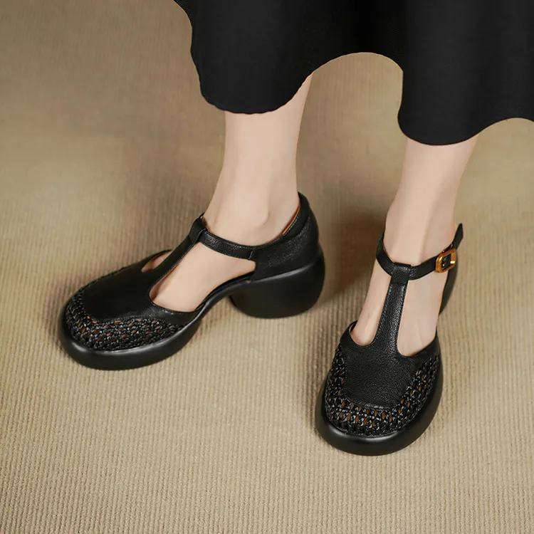 Summer sandals, thick-soled, chunky-heeled, high-heeled, buckled, openwork sheepskin women's shoes, 3-2f