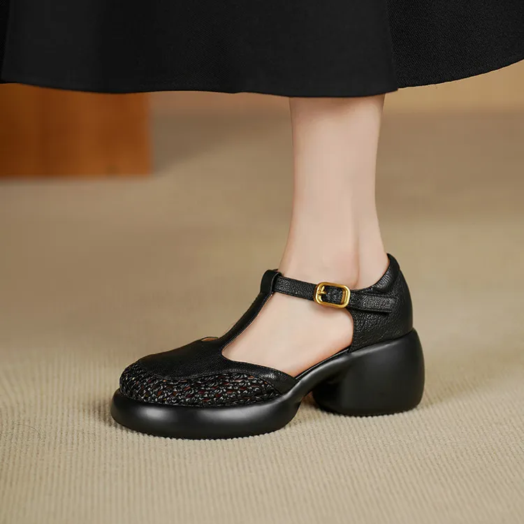 Summer sandals, thick-soled, chunky-heeled, high-heeled, buckled, openwork sheepskin women's shoes, 3-2f