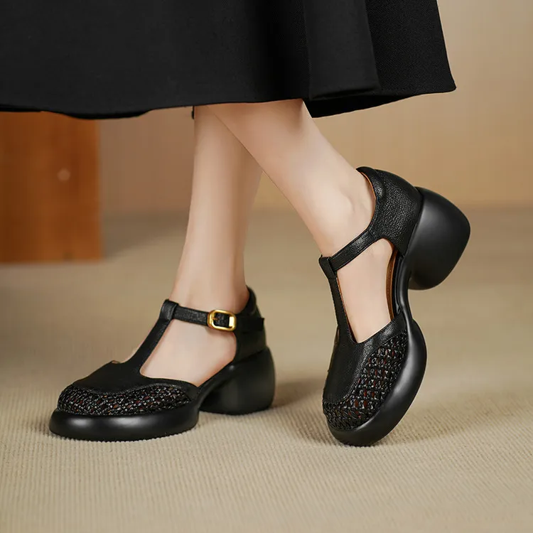Summer sandals, thick-soled, chunky-heeled, high-heeled, buckled, openwork sheepskin women's shoes, 3-2f