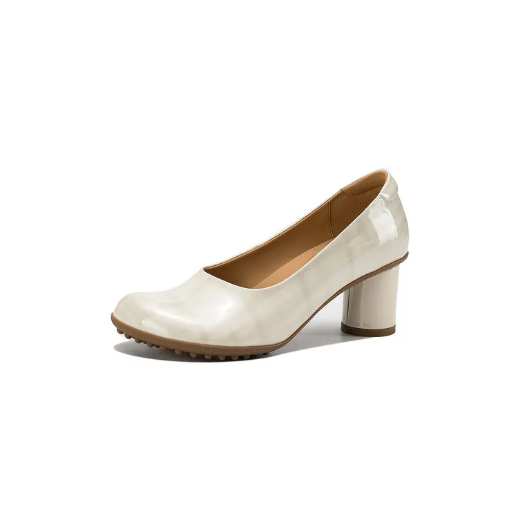 Early Spring Round Toe Chunky Heel High-Heel Cowhide Comfortable Women's Shoes 2-27c