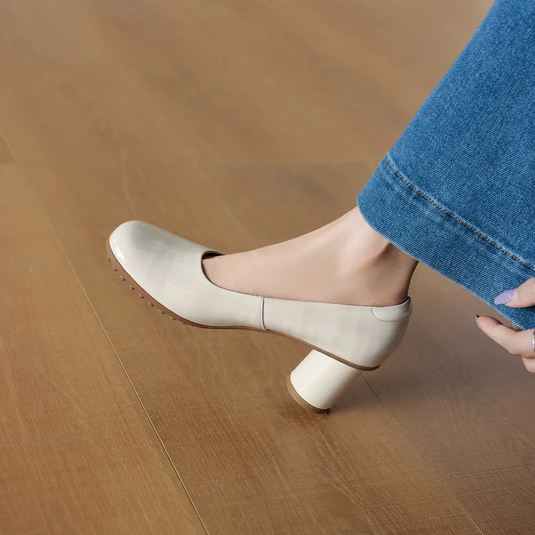 Early Spring Round Toe Chunky Heel High-Heel Cowhide Comfortable Women's Shoes 2-27c