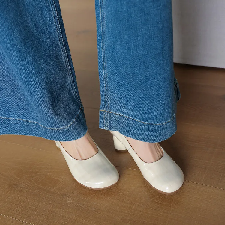 Early Spring Round Toe Chunky Heel High-Heel Cowhide Comfortable Women's Shoes 2-27c