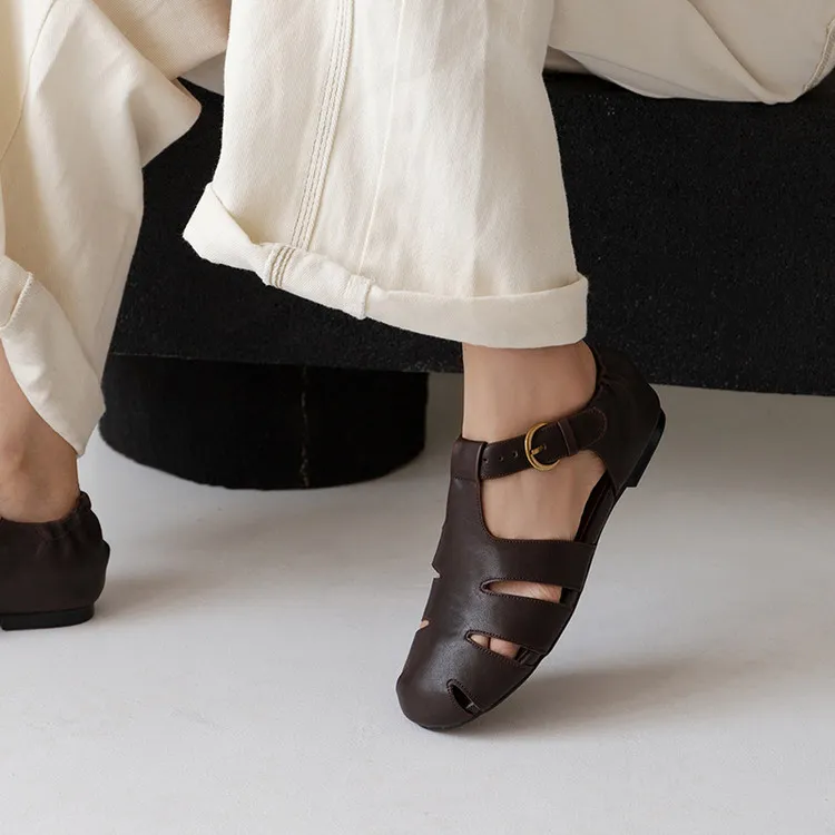 Summer sandals, round toe, buckle, sheepskin, comfortable women's shoes, 2-10h