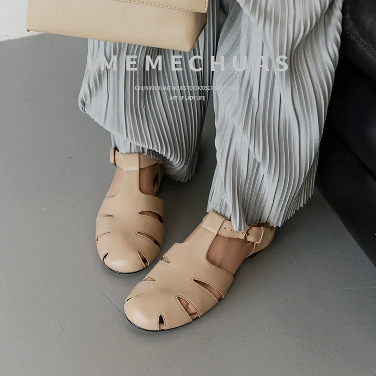 Summer sandals, round toe, buckle, sheepskin, comfortable women's shoes, 2-10h