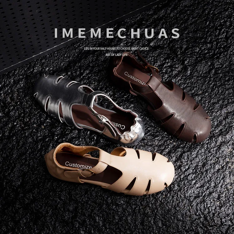 Summer sandals, round toe, buckle, sheepskin, comfortable women's shoes, 2-10h