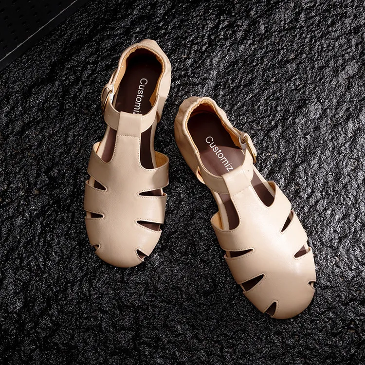 Summer sandals, round toe, buckle, sheepskin, comfortable women's shoes, 2-10h
