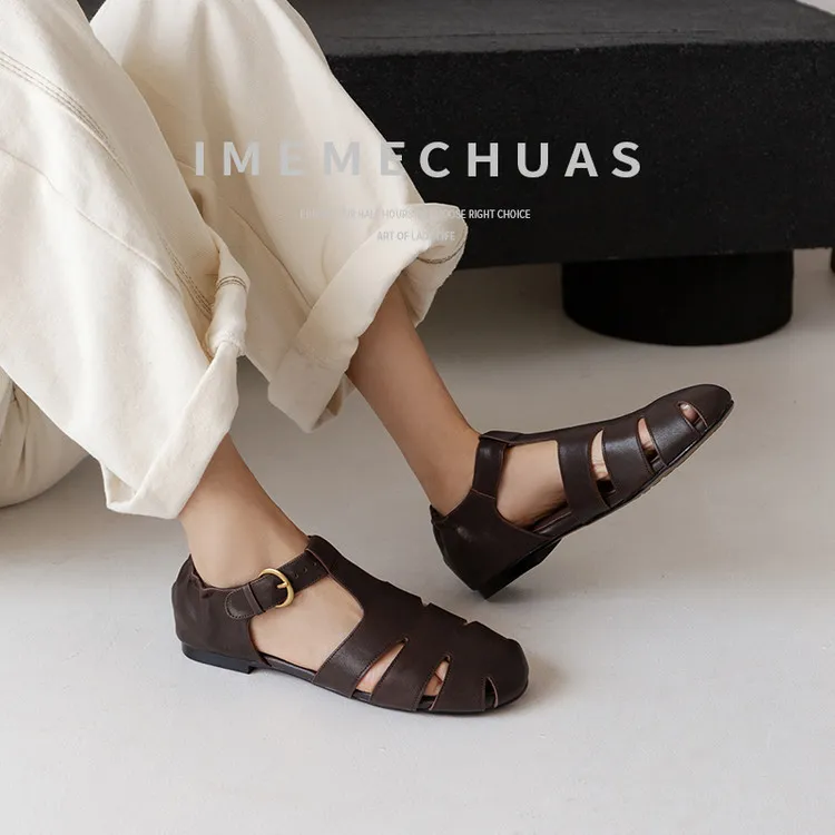 Summer sandals, round toe, buckle, sheepskin, comfortable women's shoes, 2-10h