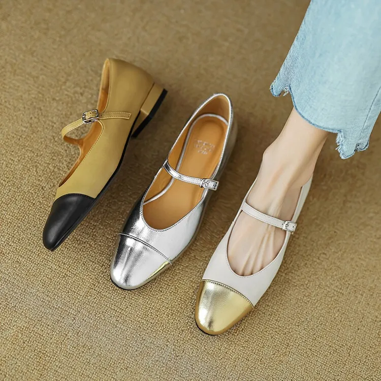 Early spring/summer single shoes, round toe, color-blocked, chunky heel, low heel, Mary Jane style, low-cut women's shoes