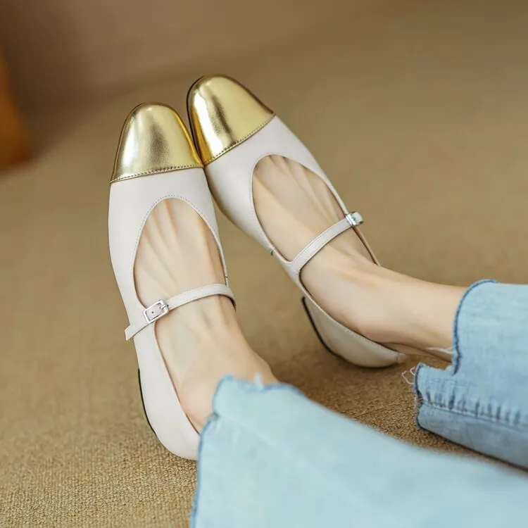 Early spring/summer single shoes, round toe, color-blocked, chunky heel, low heel, Mary Jane style, low-cut women's shoes