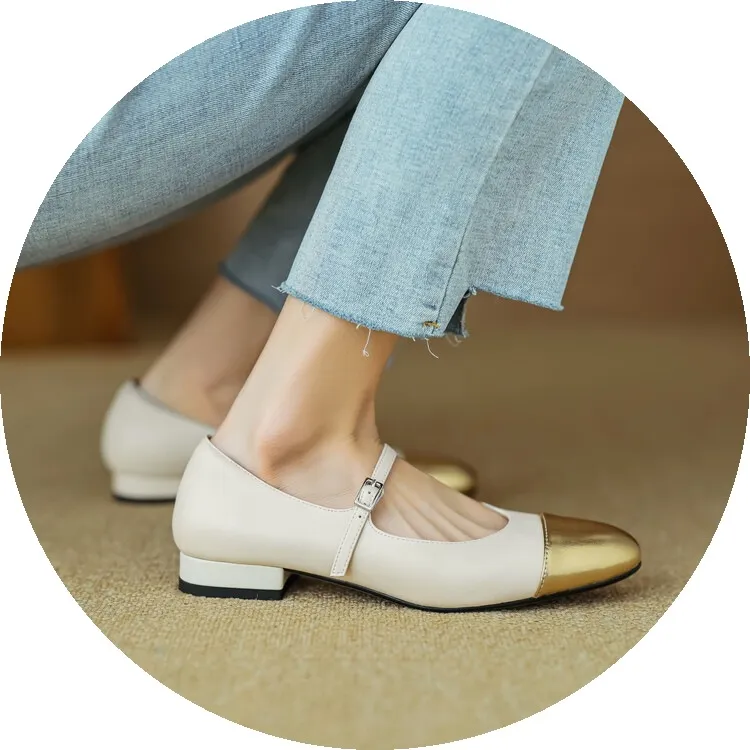 Early spring/summer single shoes, round toe, color-blocked, chunky heel, low heel, Mary Jane style, low-cut women's shoes