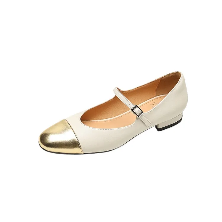 Early spring/summer single shoes, round toe, color-blocked, chunky heel, low heel, Mary Jane style, low-cut women's shoes