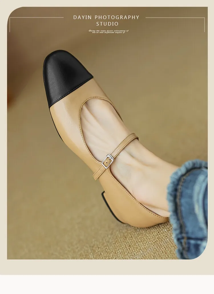 Early spring/summer single shoes, round toe, color-blocked, chunky heel, low heel, Mary Jane style, low-cut women's shoes