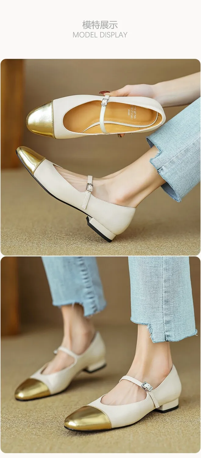 Early spring/summer single shoes, round toe, color-blocked, chunky heel, low heel, Mary Jane style, low-cut women's shoes