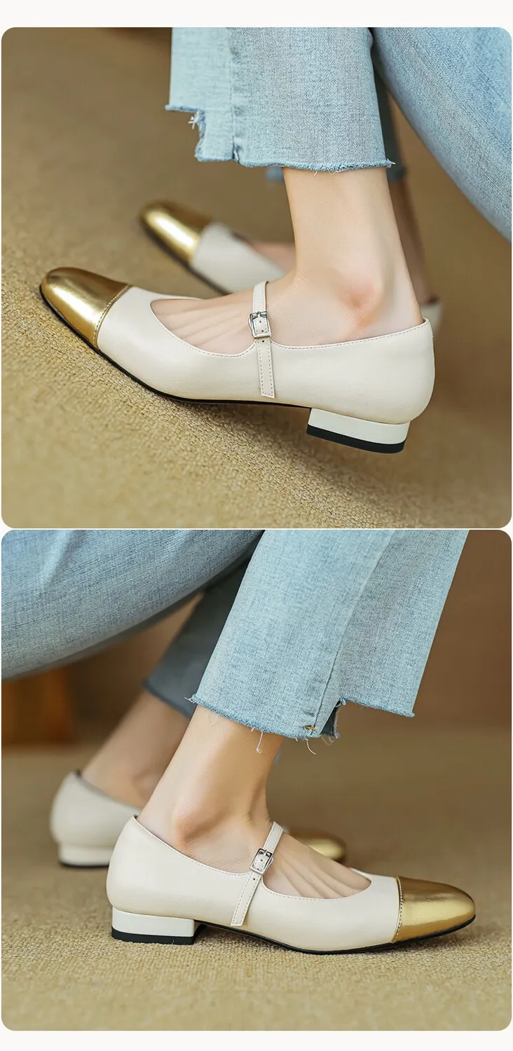 Early spring/summer single shoes, round toe, color-blocked, chunky heel, low heel, Mary Jane style, low-cut women's shoes
