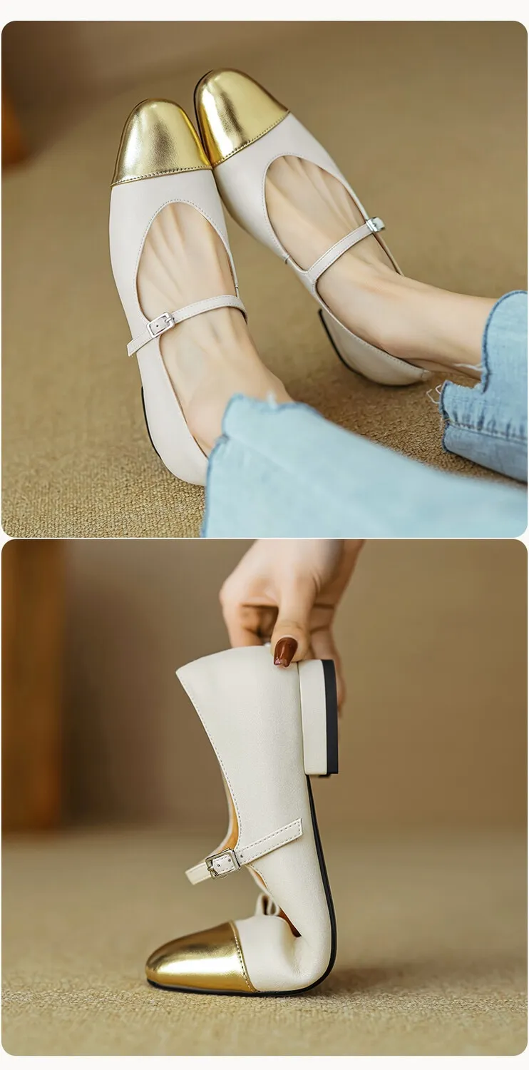 Early spring/summer single shoes, round toe, color-blocked, chunky heel, low heel, Mary Jane style, low-cut women's shoes