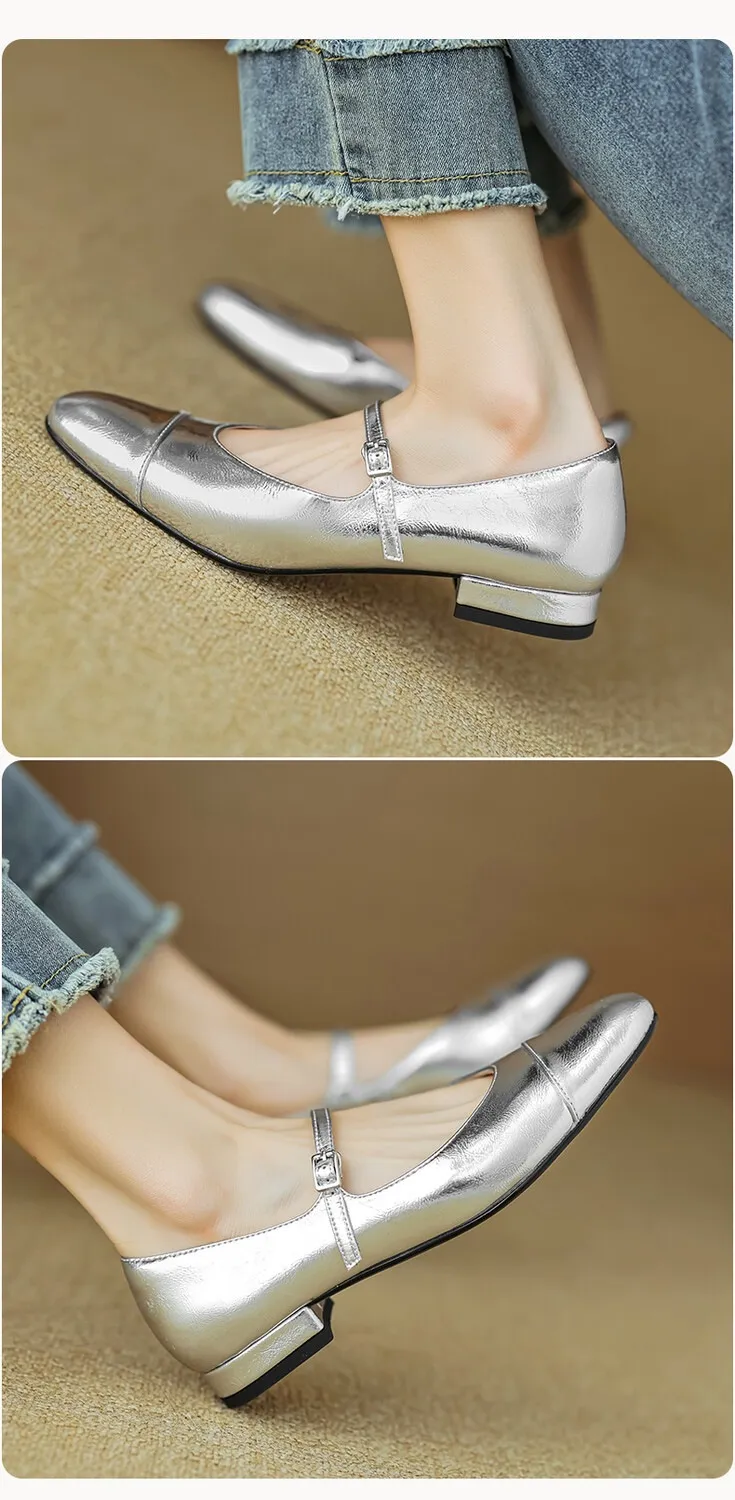 Early spring/summer single shoes, round toe, color-blocked, chunky heel, low heel, Mary Jane style, low-cut women's shoes