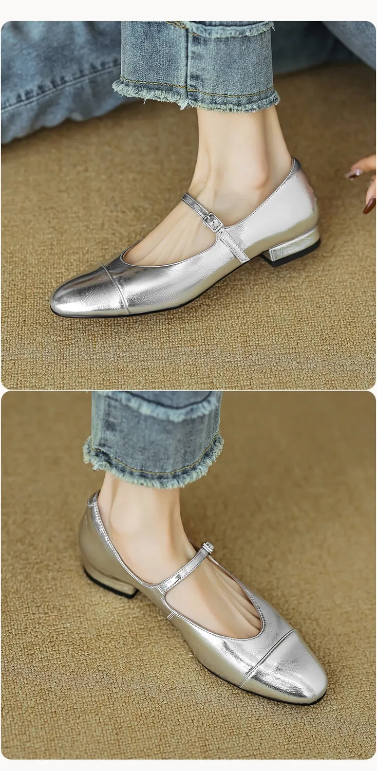 Early spring/summer single shoes, round toe, color-blocked, chunky heel, low heel, Mary Jane style, low-cut women's shoes