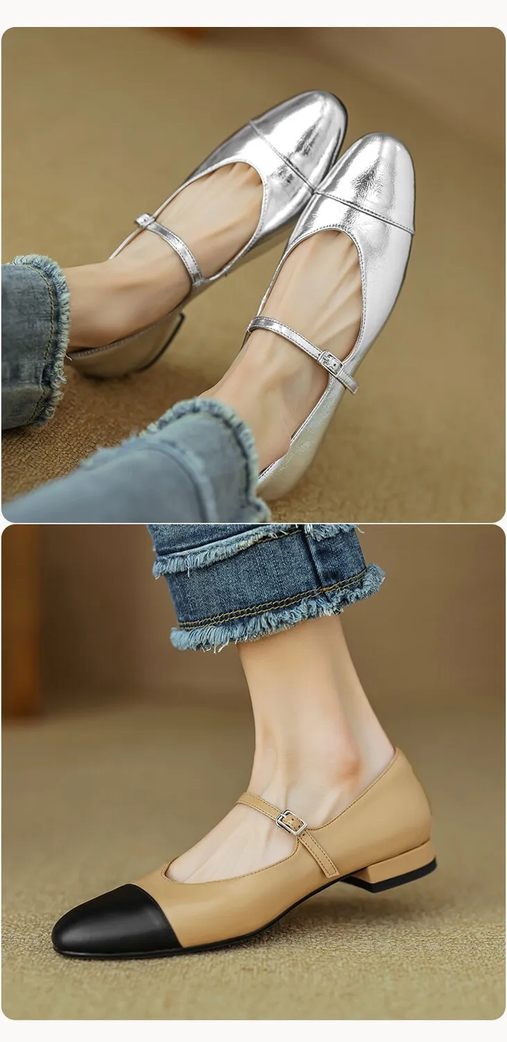 Early spring/summer single shoes, round toe, color-blocked, chunky heel, low heel, Mary Jane style, low-cut women's shoes