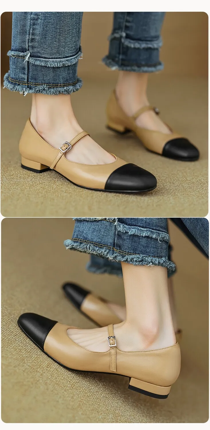 Early spring/summer single shoes, round toe, color-blocked, chunky heel, low heel, Mary Jane style, low-cut women's shoes