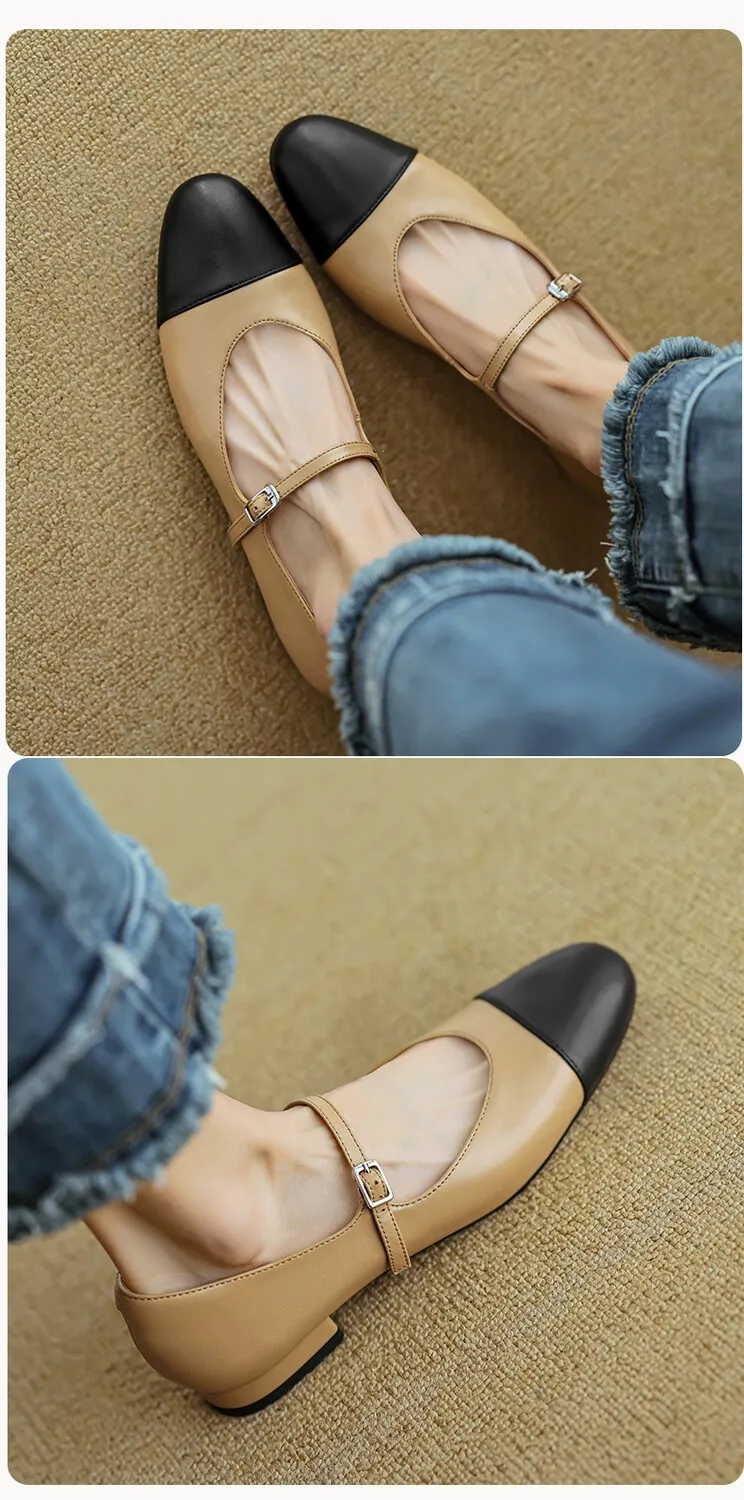 Early spring/summer single shoes, round toe, color-blocked, chunky heel, low heel, Mary Jane style, low-cut women's shoes