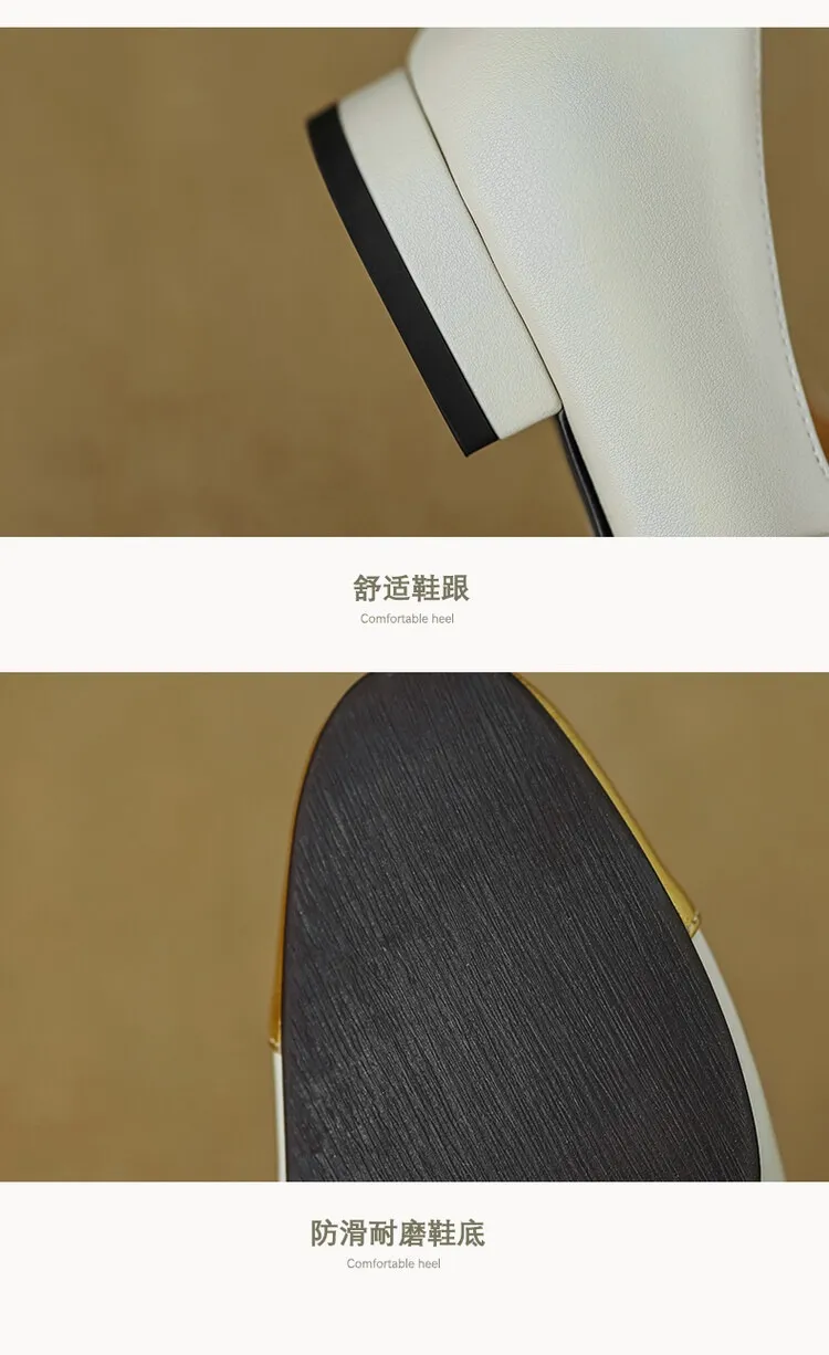 Early spring/summer single shoes, round toe, color-blocked, chunky heel, low heel, Mary Jane style, low-cut women's shoes