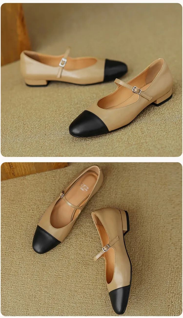 Early spring/summer single shoes, round toe, color-blocked, chunky heel, low heel, Mary Jane style, low-cut women's shoes