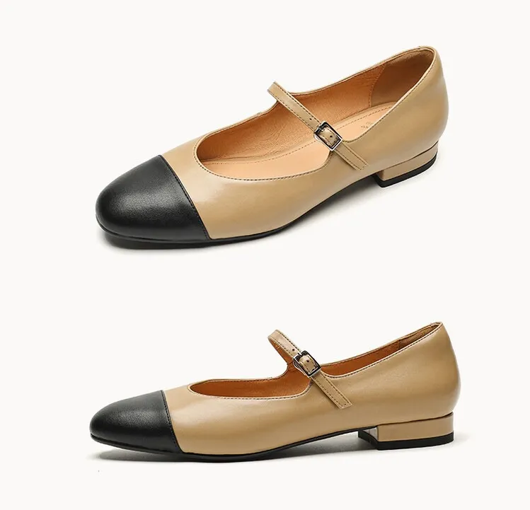 Early spring/summer single shoes, round toe, color-blocked, chunky heel, low heel, Mary Jane style, low-cut women's shoes