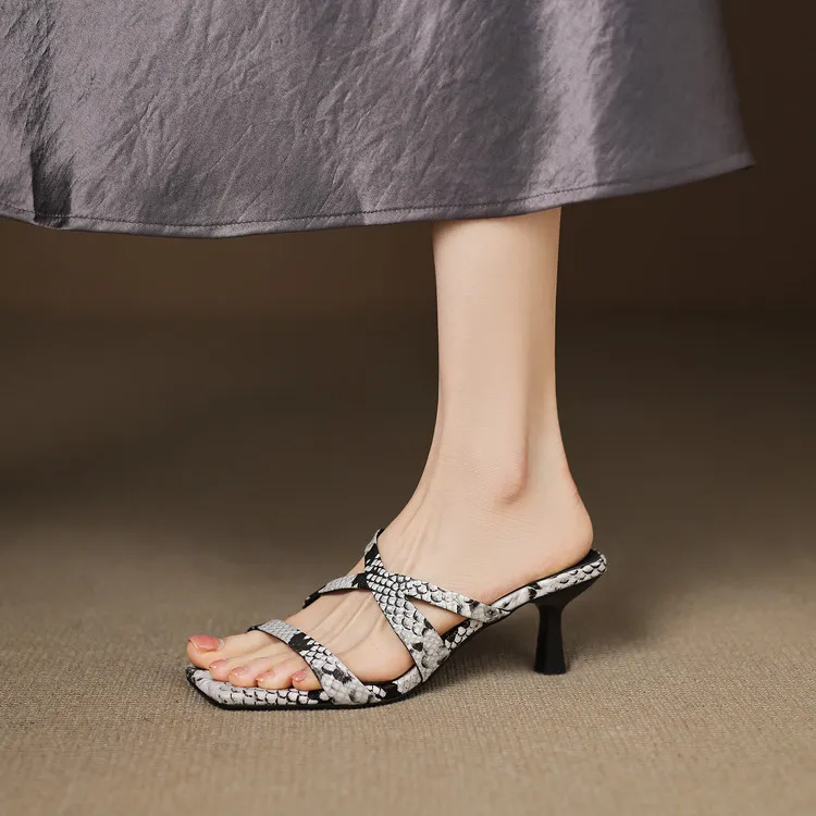 Summer square-toe stiletto heeled cowhide fashion women's shoes, apricot and off-white, 3-3g