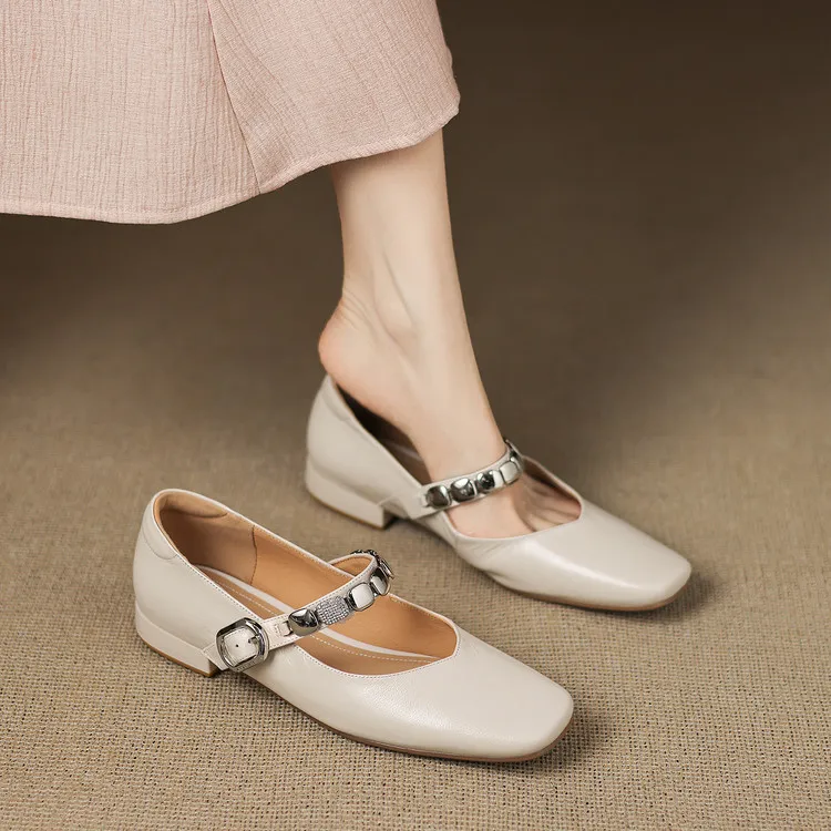 Early spring single shoes, square toe, chunky heel, low heel, comfortable Mary Jane women's shoes, 2-27k