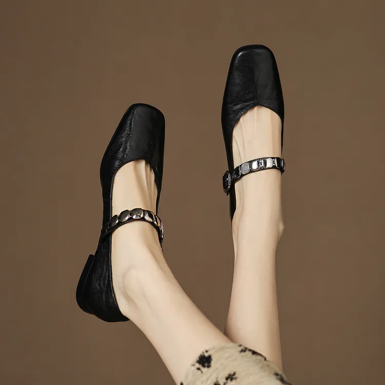 Early spring single shoes, square toe, chunky heel, low heel, comfortable Mary Jane women's shoes, 2-27k