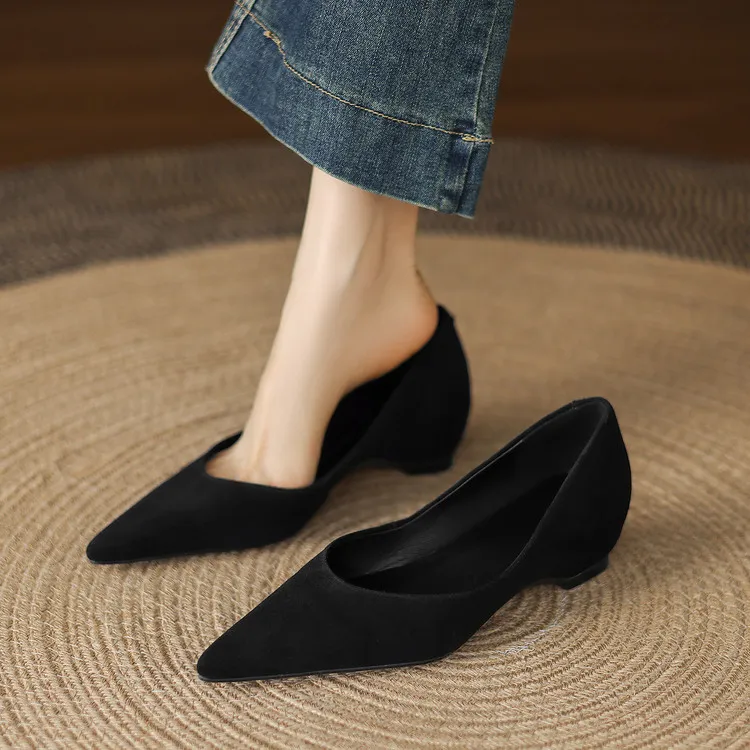 Early Spring Single Shoes Pointed Toe Wedge Heel Slip-on Fashion Women's Shoes 3-3r Fashion 3 Colors Low Mouth Shoes