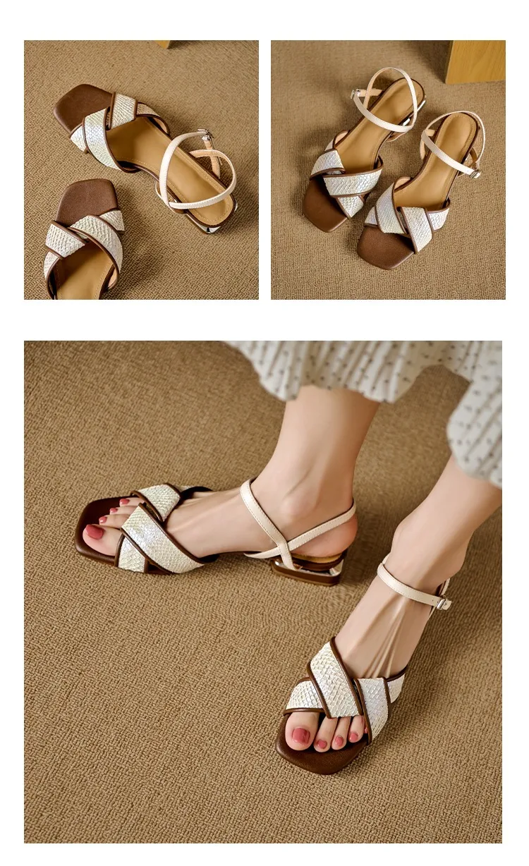 Retro-style open-toe flat sandals for women, summer size 40, French-style luxury sandals