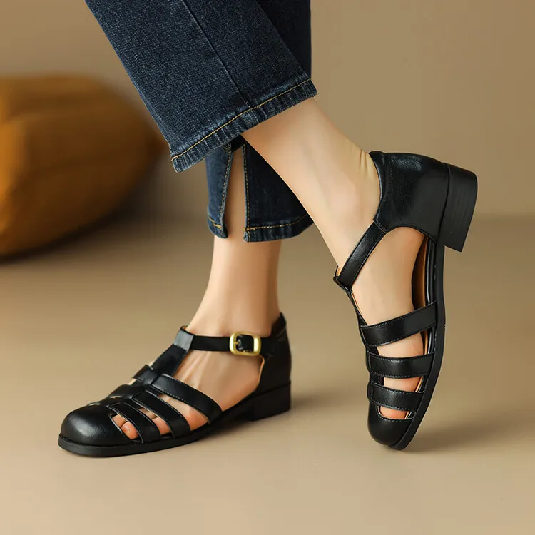Summer sandals, round toe, chunky heel, low heel, buckle, cowhide leather women's shoes, 3-2o