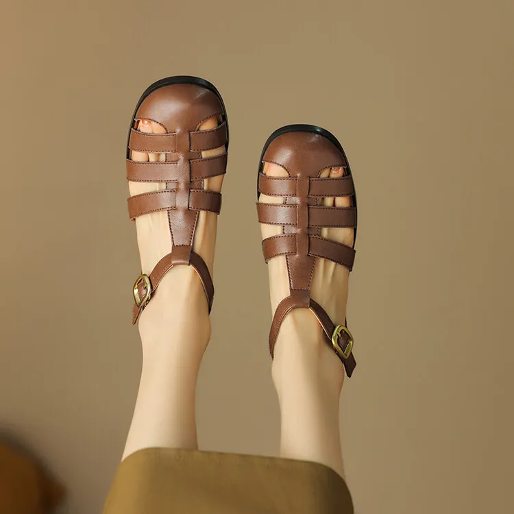 Summer sandals, round toe, chunky heel, low heel, buckle, cowhide leather women's shoes, 3-2o