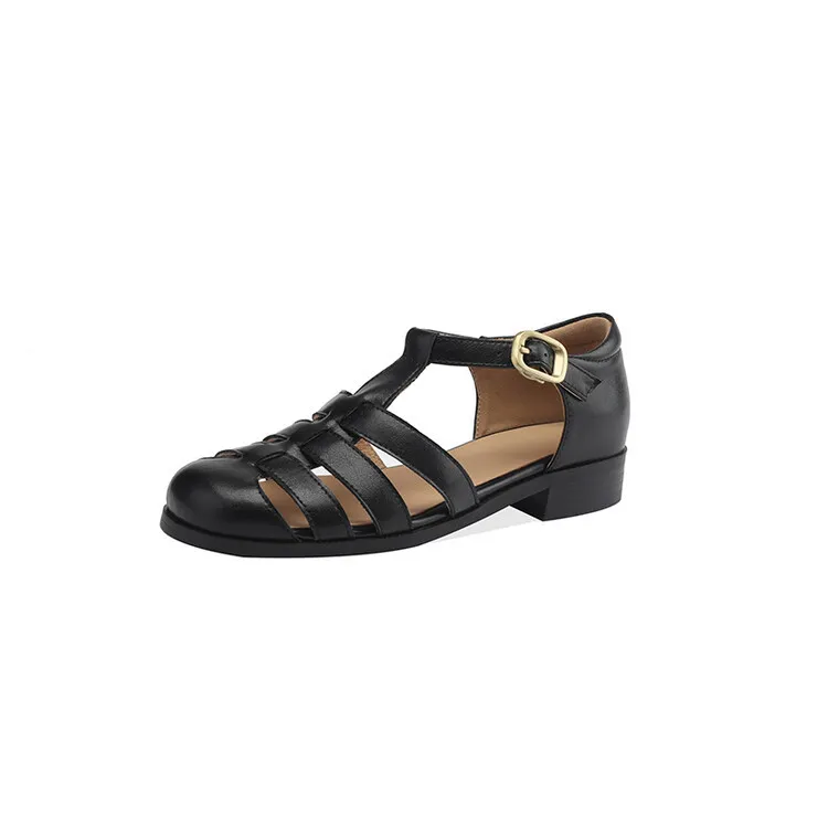 Summer sandals, round toe, chunky heel, low heel, buckle, cowhide leather women's shoes, 3-2o