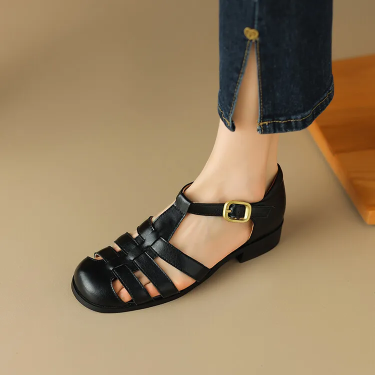 Summer sandals, round toe, chunky heel, low heel, buckle, cowhide leather women's shoes, 3-2o
