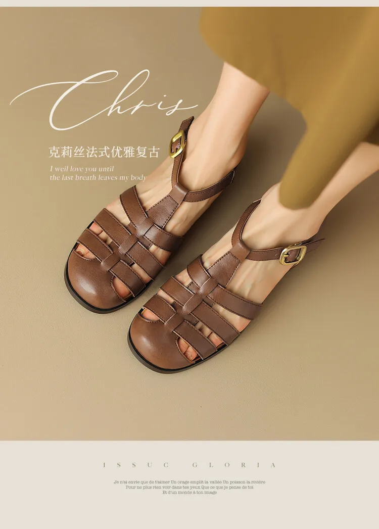 Summer sandals, round toe, chunky heel, low heel, buckle, cowhide leather women's shoes, 3-2o