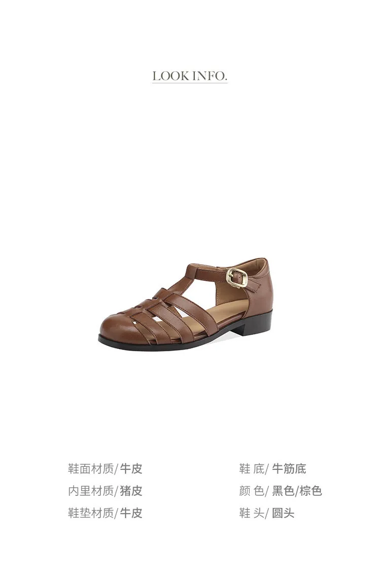 Summer sandals, round toe, chunky heel, low heel, buckle, cowhide leather women's shoes, 3-2o
