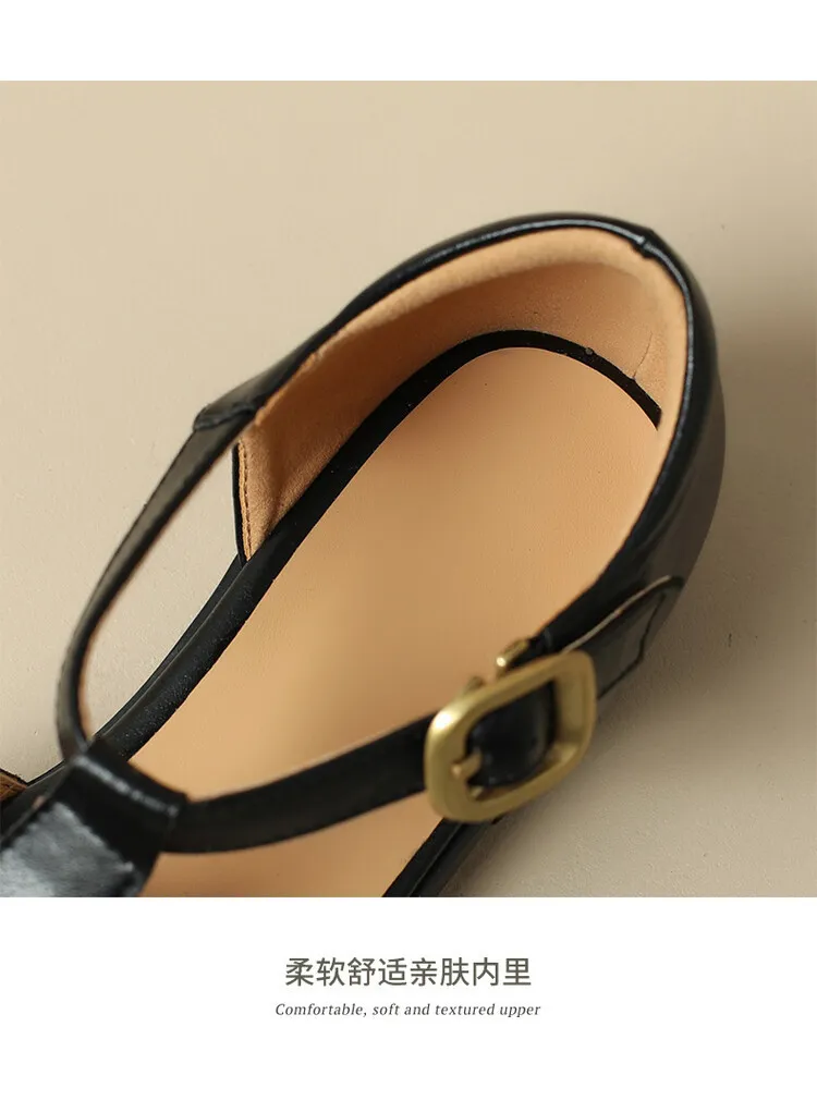 Summer sandals, round toe, chunky heel, low heel, buckle, cowhide leather women's shoes, 3-2o