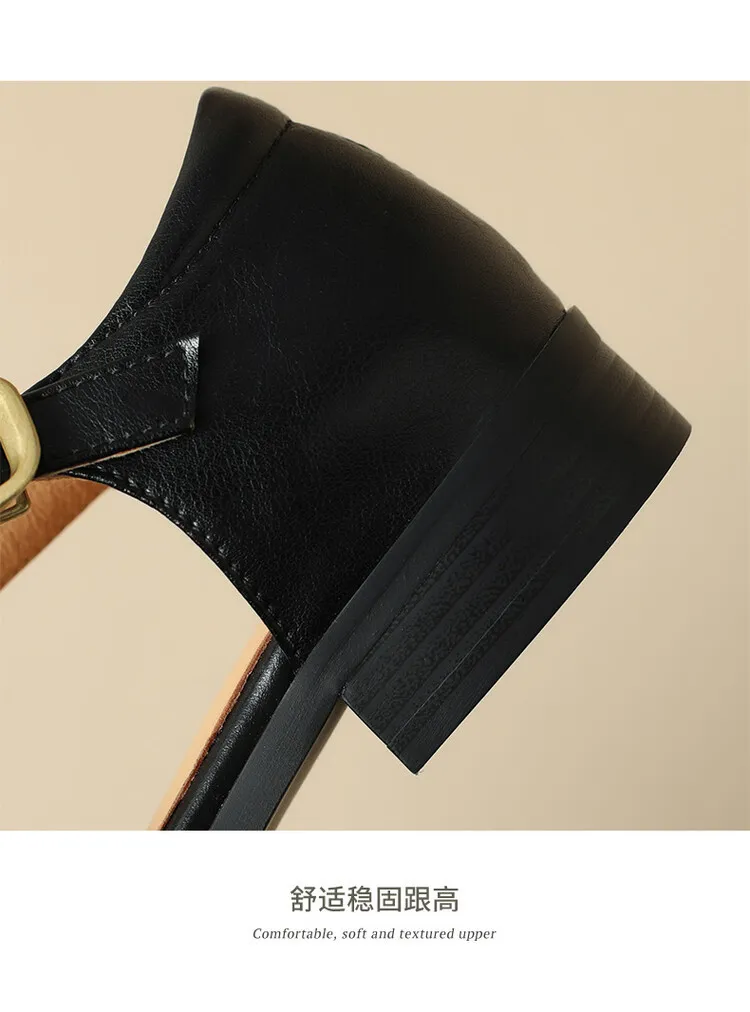 Summer sandals, round toe, chunky heel, low heel, buckle, cowhide leather women's shoes, 3-2o