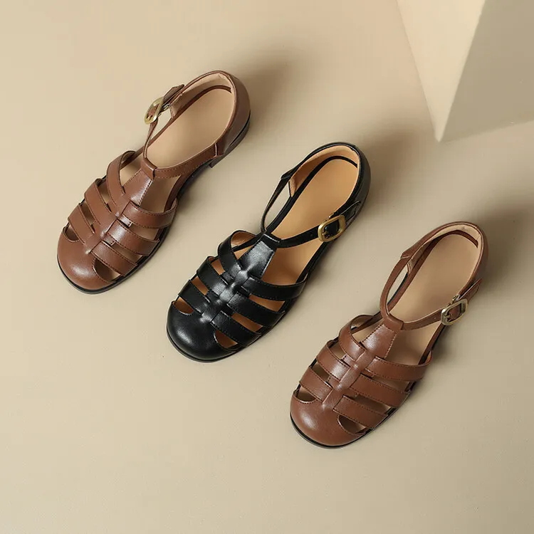 Summer sandals, round toe, chunky heel, low heel, buckle, cowhide leather women's shoes, 3-2o