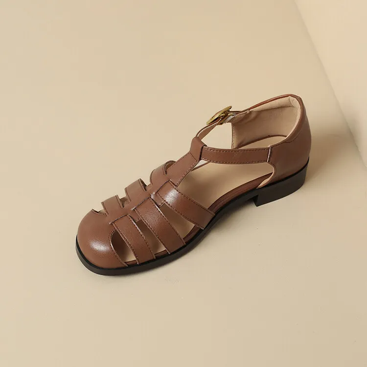 Summer sandals, round toe, chunky heel, low heel, buckle, cowhide leather women's shoes, 3-2o