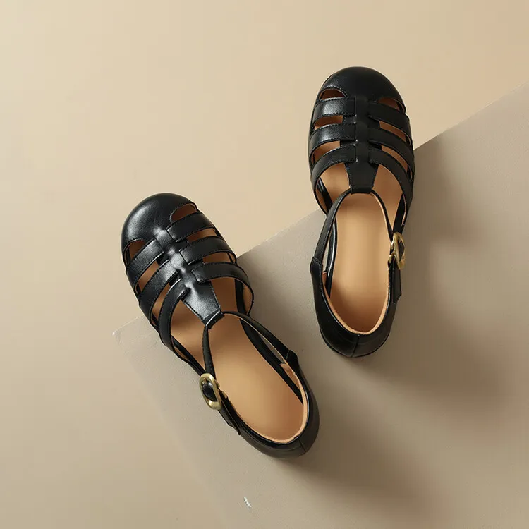 Summer sandals, round toe, chunky heel, low heel, buckle, cowhide leather women's shoes, 3-2o