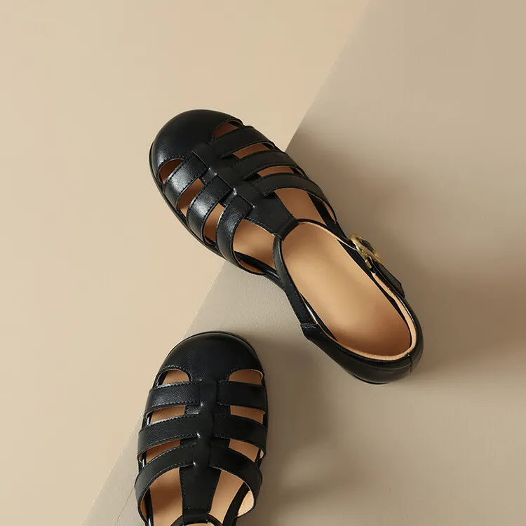 Summer sandals, round toe, chunky heel, low heel, buckle, cowhide leather women's shoes, 3-2o